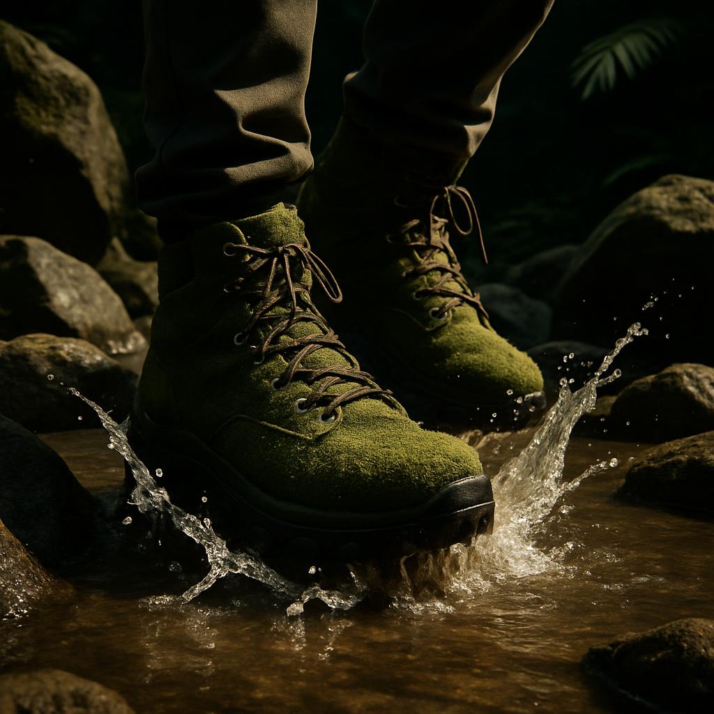 **Shoes During Outdoor Activities in a Stream.** (a pair of green boots)