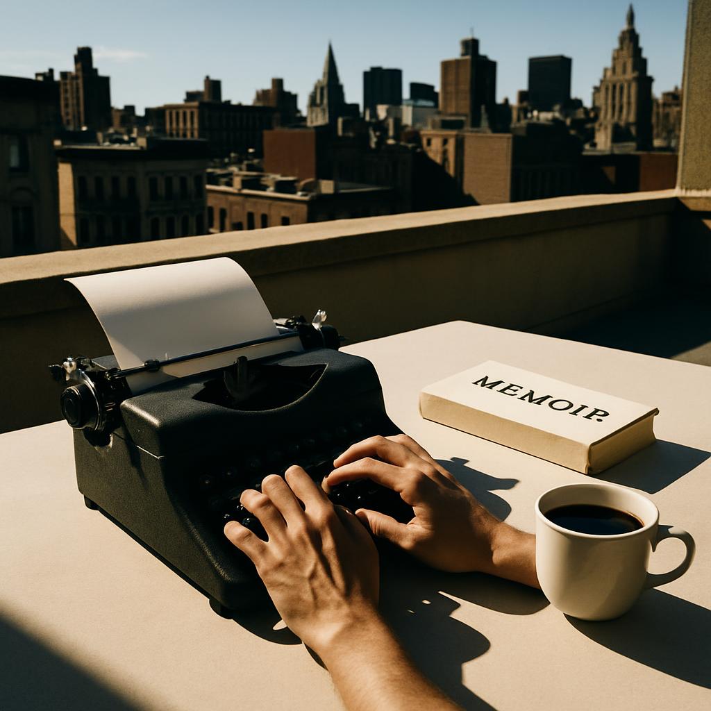 A man's hands type on a vintage typewriter. "MEMOIR." is on a beige book on a white desk overlooking a city from a high el...