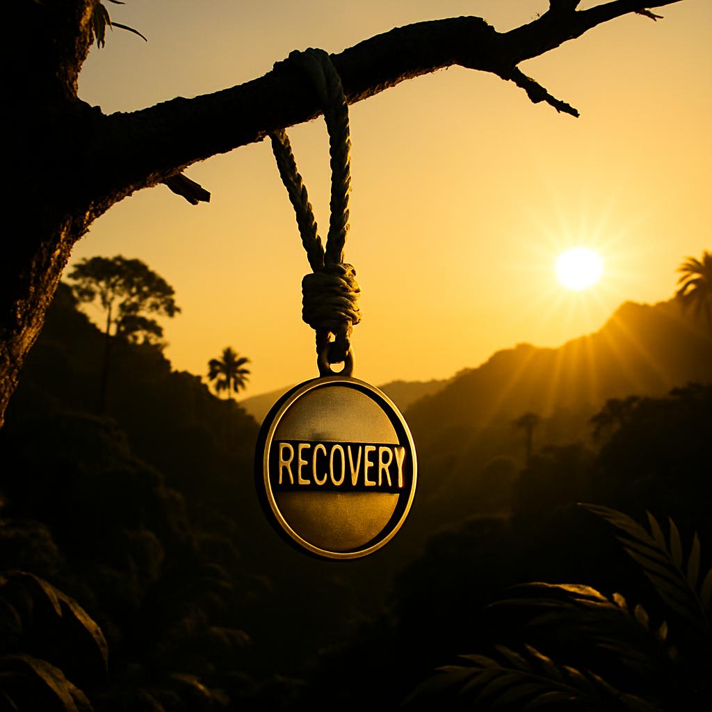 A gold medallion is pictured hanging from a noose suspended from a tree branch.