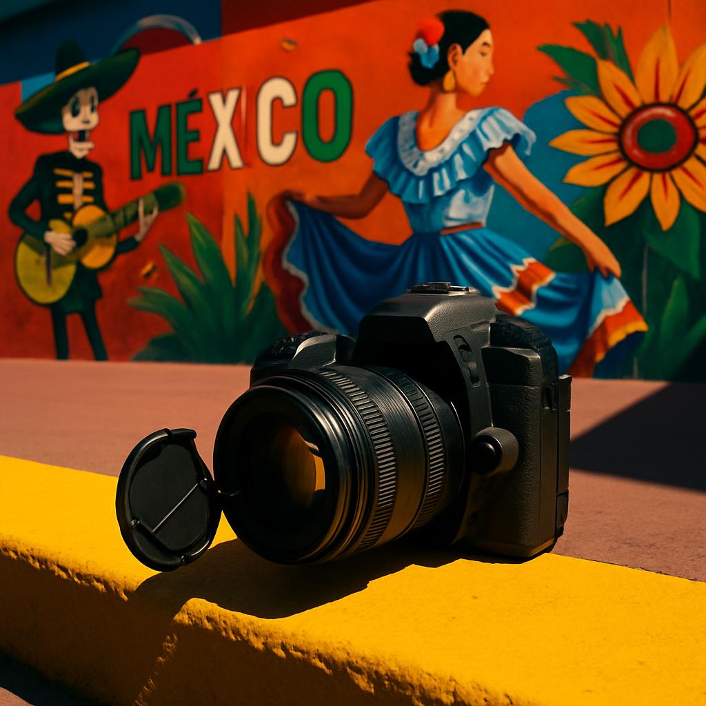 digital camera in front of mexican street mural with mariachi and dancer; outdoor daylight.