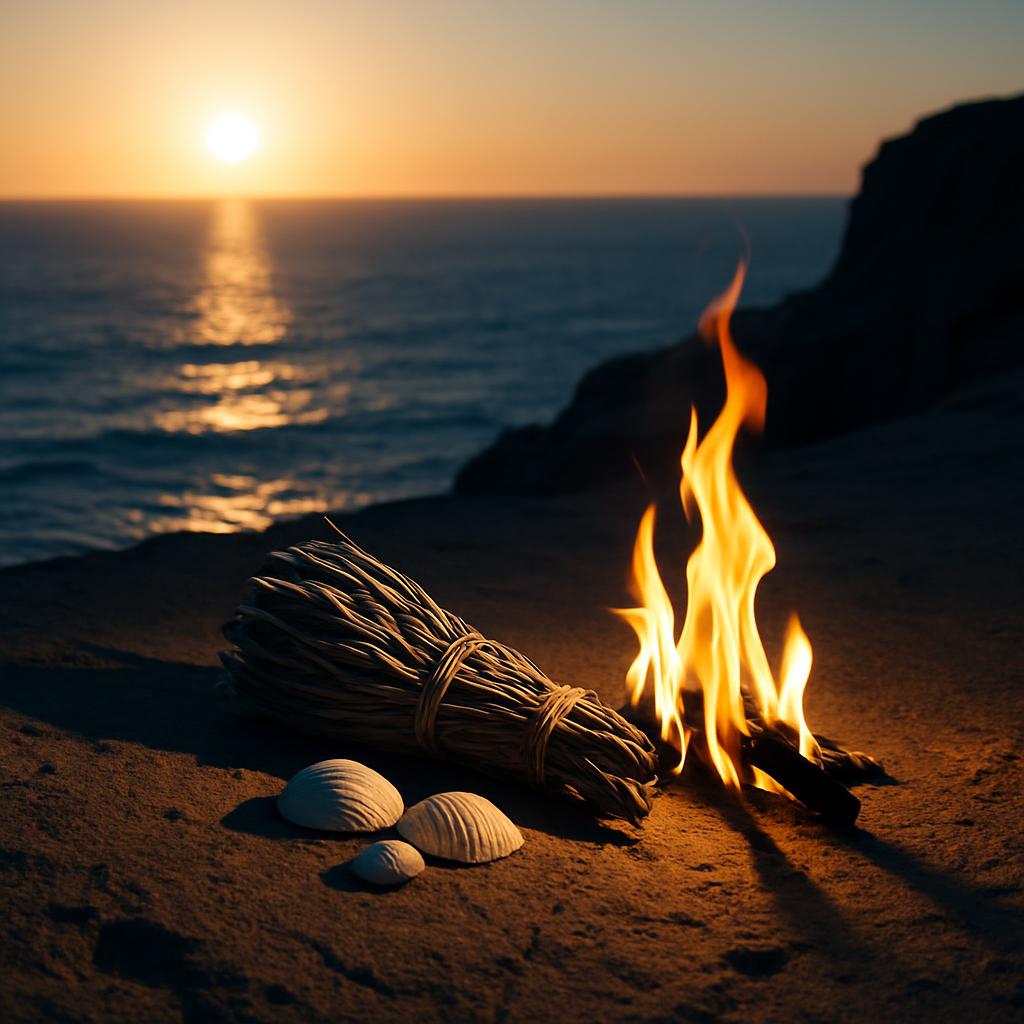 A beach bonfire at sunset, surrounded by seashells and dry brush.