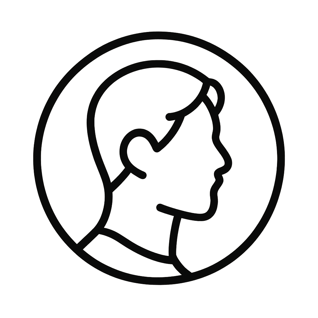 An outline of a person's head in side profile, enclosed within a circle outline.